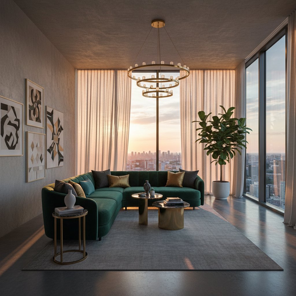 Interior design project showcasing modern living space with carefully selected furniture and lighting